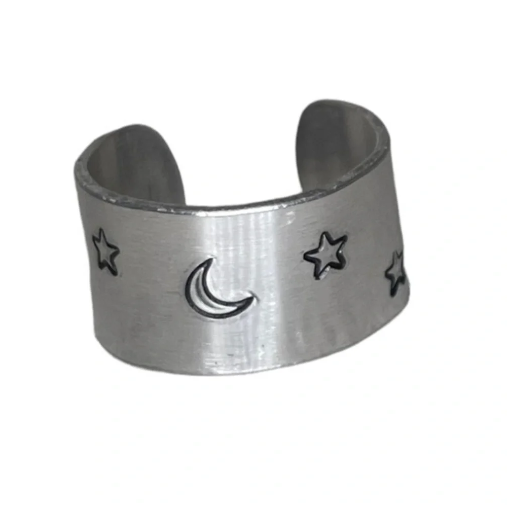 Handmade 9 stamped moon & stars silver adjustable hypoallergenic wide cuff‎ ring